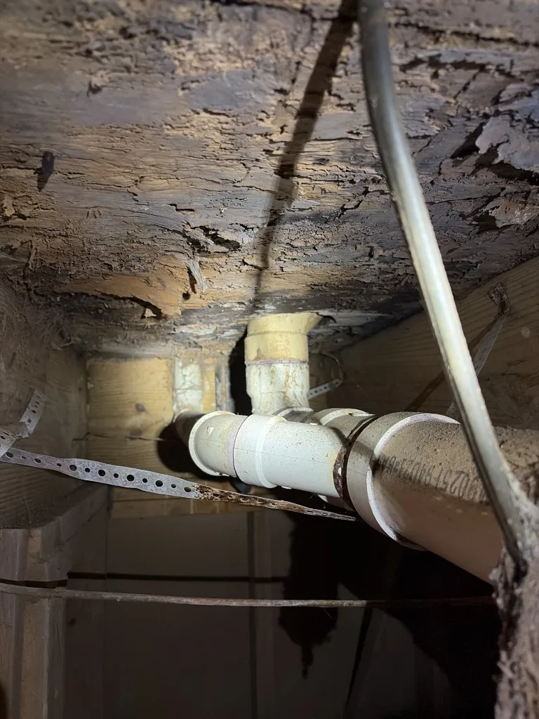 PVC drain piping and water-damaged wood in a crawlspace