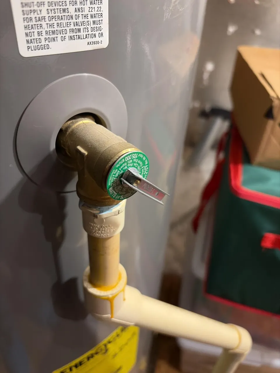 Temperature and pressure relief valve on a water heater