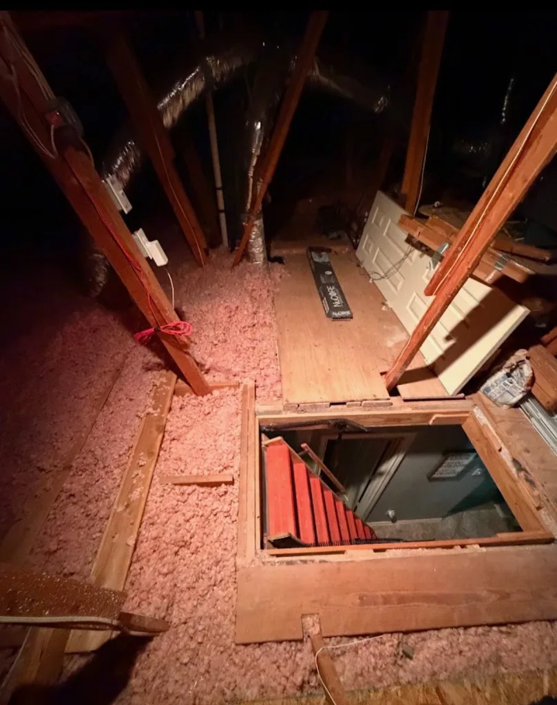 Attic framing, insulation, and access hatch